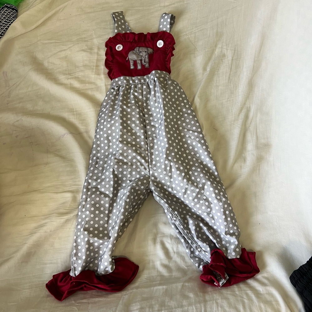 Elephant Ruffle, Alabama, 2T overalls, smocked elephant, Roll Tide
